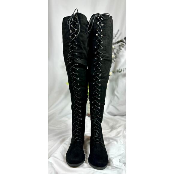 Tall Talk Flat Lace Up Over the Knee Boot - Black 10 - Picture 7 of 16
